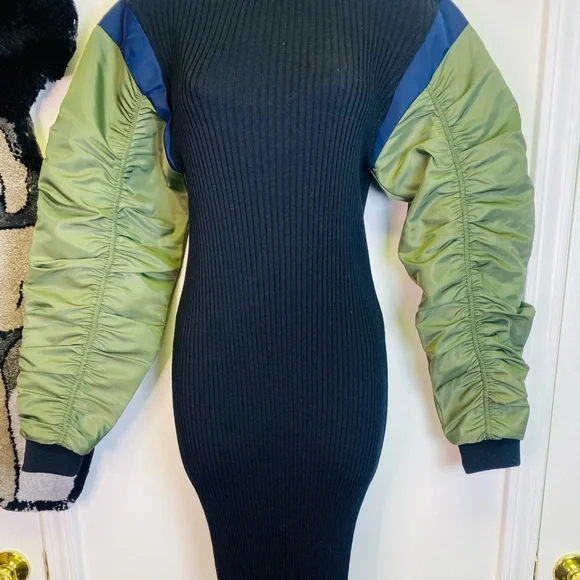 Zara Ribbed Black Midi Dress with Ruched Olive Green and Blue Bomber Sleeves - Picture 7 of 12
